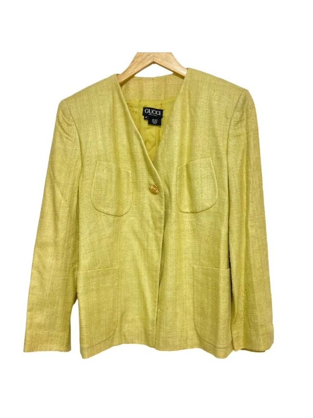 Gucci Tom Ford Era Sun Button Silk Collarless Jacket Yellow Stand Collar 42